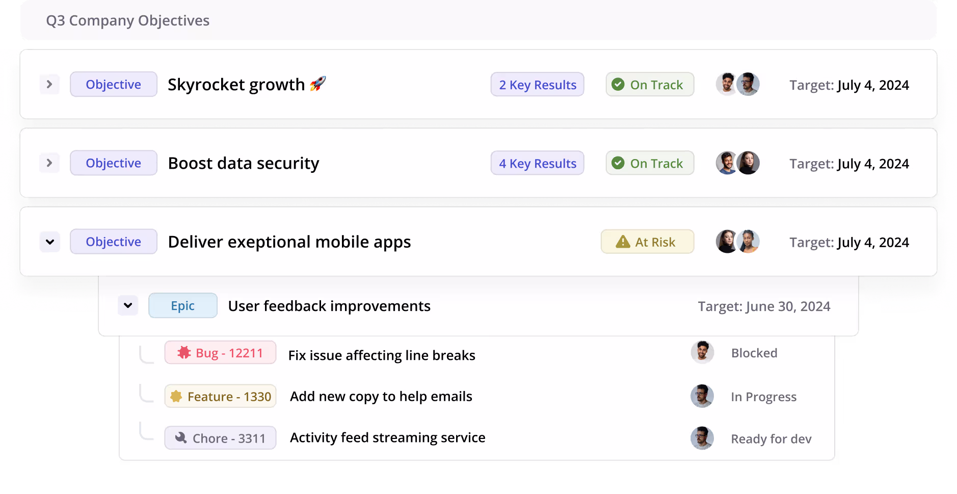 Team Roadmap in Shortcut showing project progress, heath status and teams.